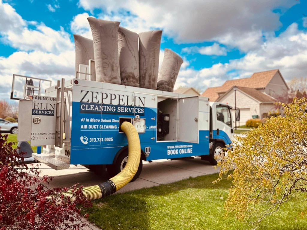 Zeppelin cleaning services air duct cleaning truck to improve indoor air quality.