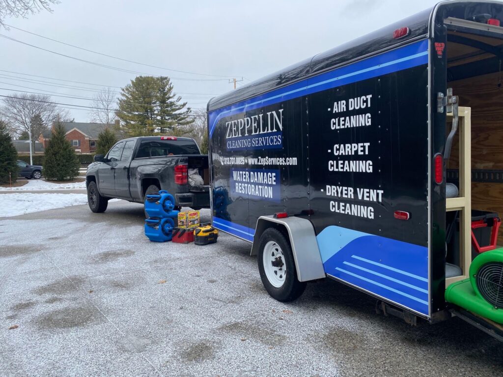 Water damage truck used for fire restoration services